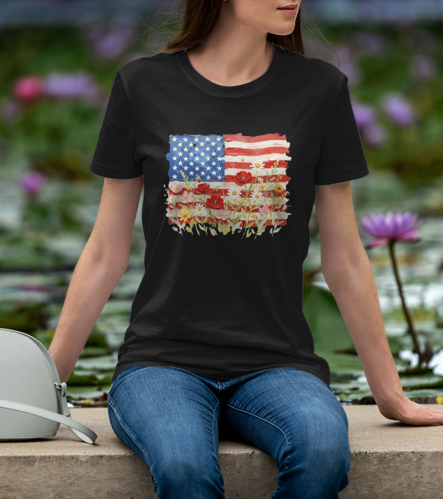 Floral American Flag With Impasto Texture And Flowers T-Shirt