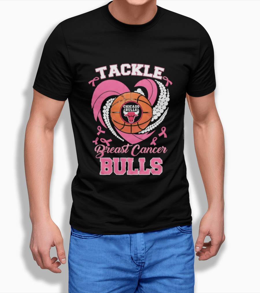Tackle Breast Cancer Bulls Heart Pink Ribbons T-Shirt