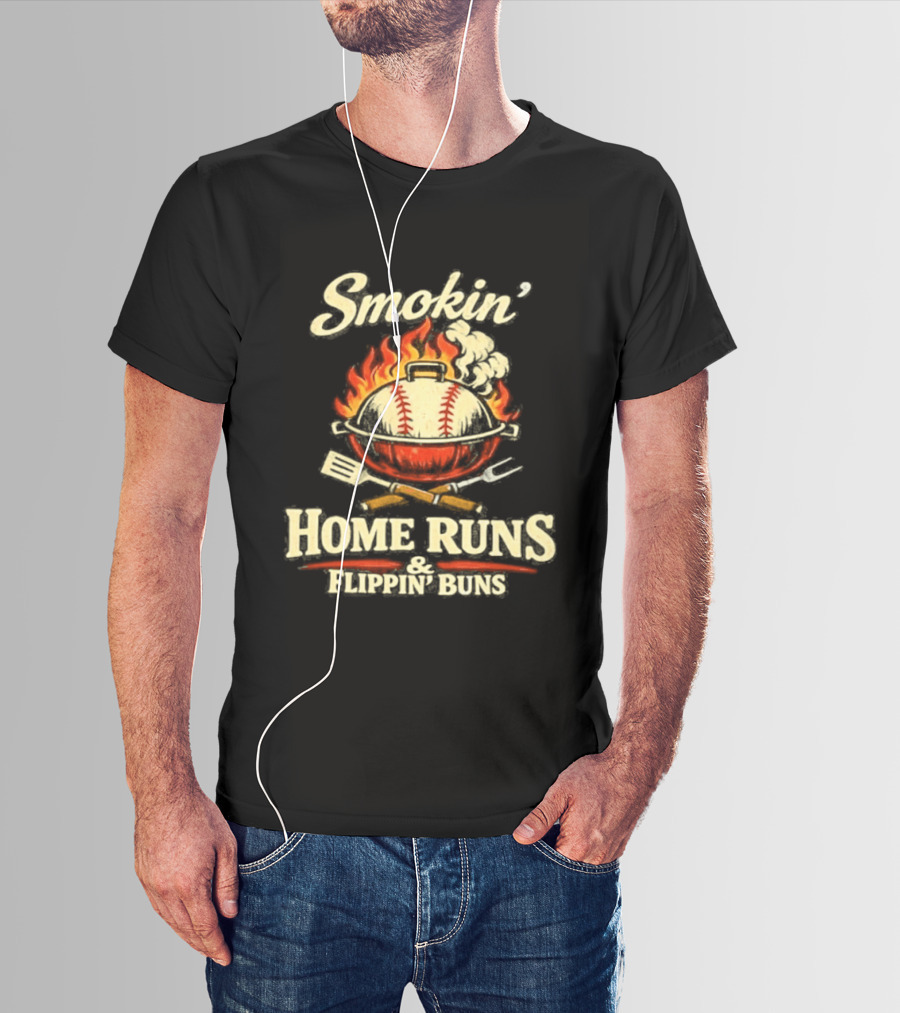 Smokin Home Runs Flippin Buns Baseball Grill Flame T-Shirt