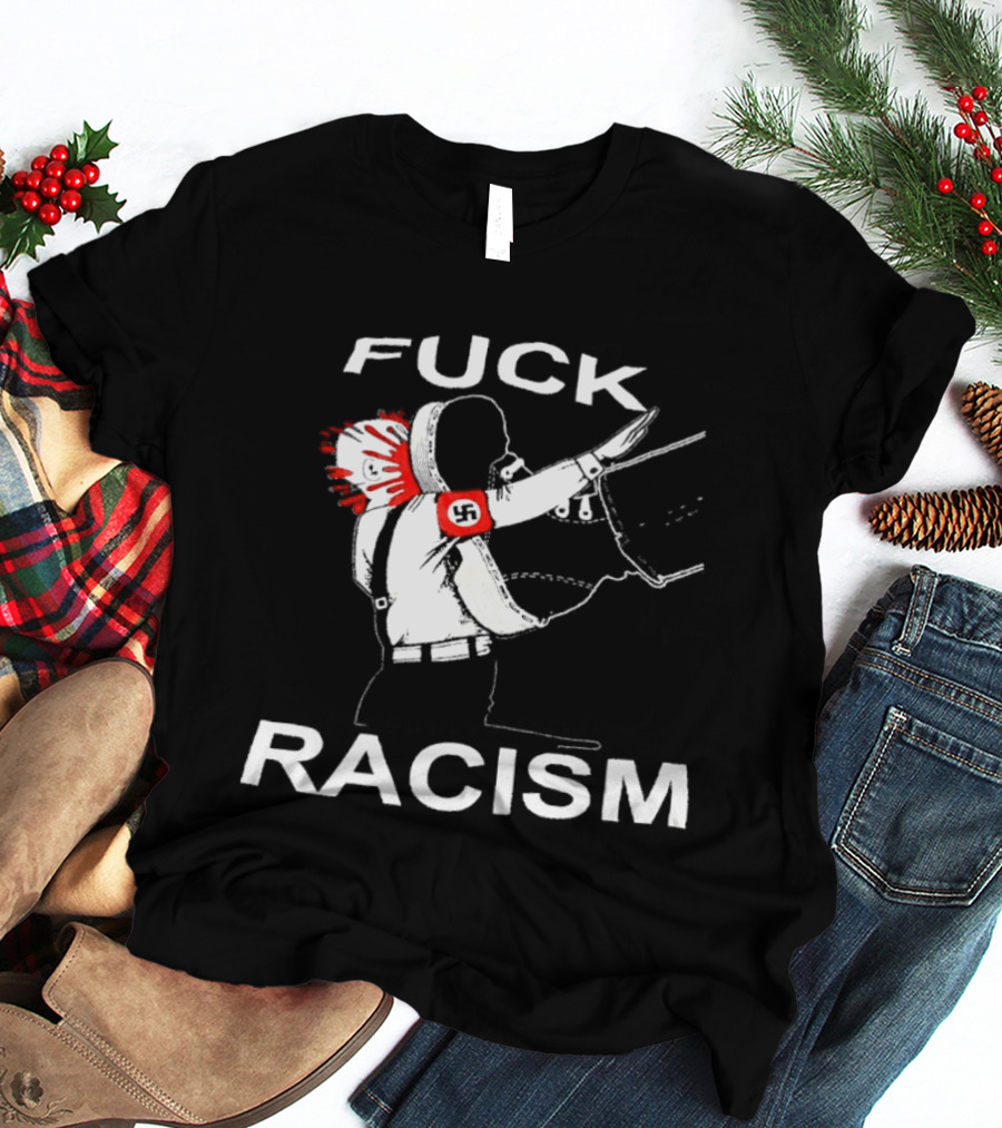 Fuck Racism Kicking On Fascist Silhouette With Red Paint Splatters T-Shirt