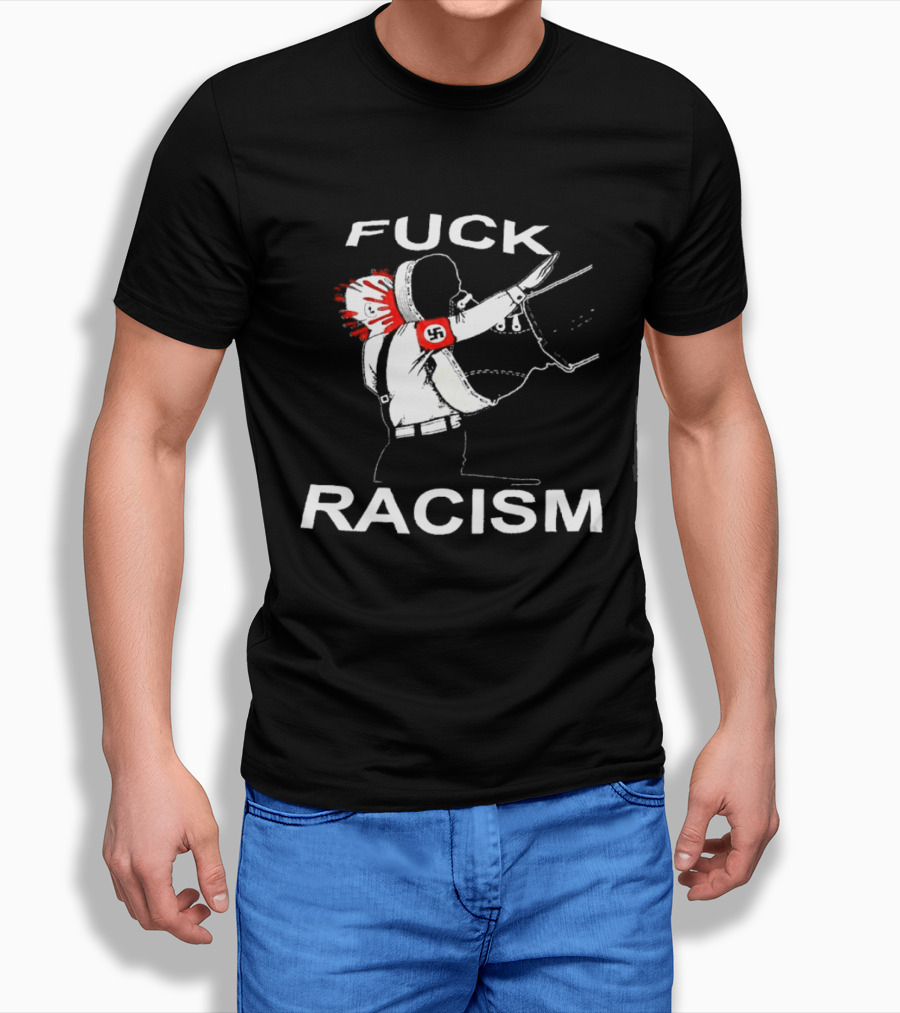 Fuck Racism Kicking On Fascist Silhouette With Red Paint Splatters T-Shirt