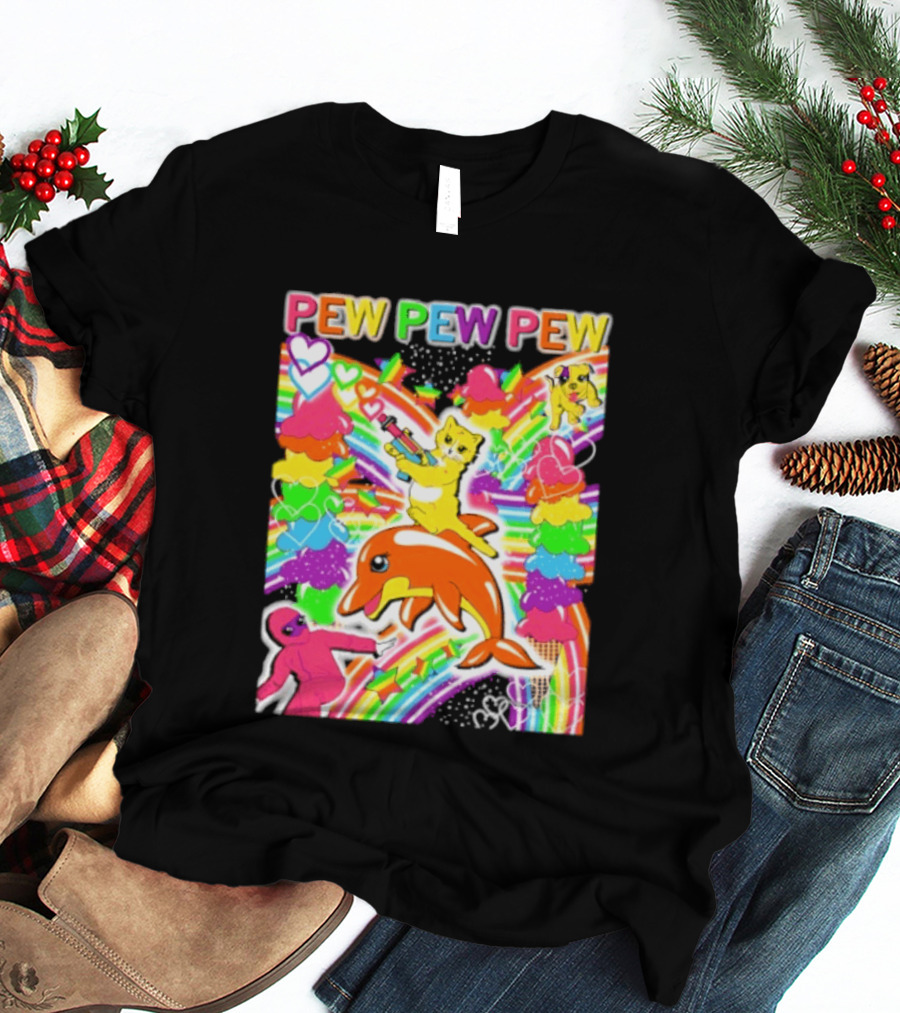 Pew Pew Pew Rainbow Pride Fun With Colorful Dolphins And Hearts T-Shirt