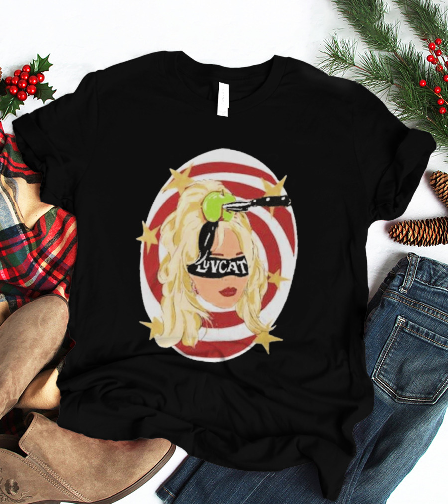Luvcat Blonde Woman Bullseye Knife Apple Starburst T-Shirt