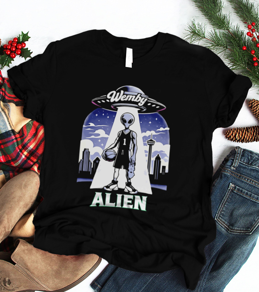 Wemby Alien Basketball UFO Skyline T-Shirt