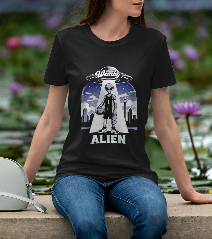 Wemby Alien Basketball UFO Skyline T-Shirt