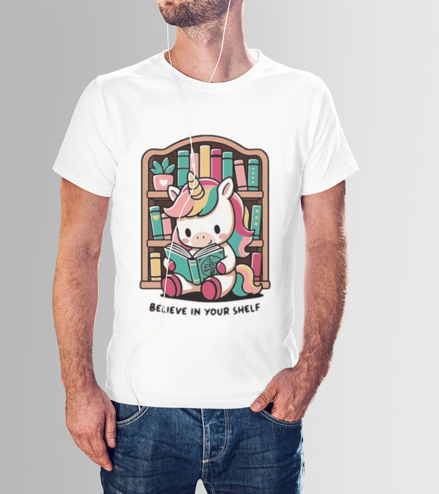 Unicorn Reading Believe In Your Shelf Bookshelf Magic T-Shirt