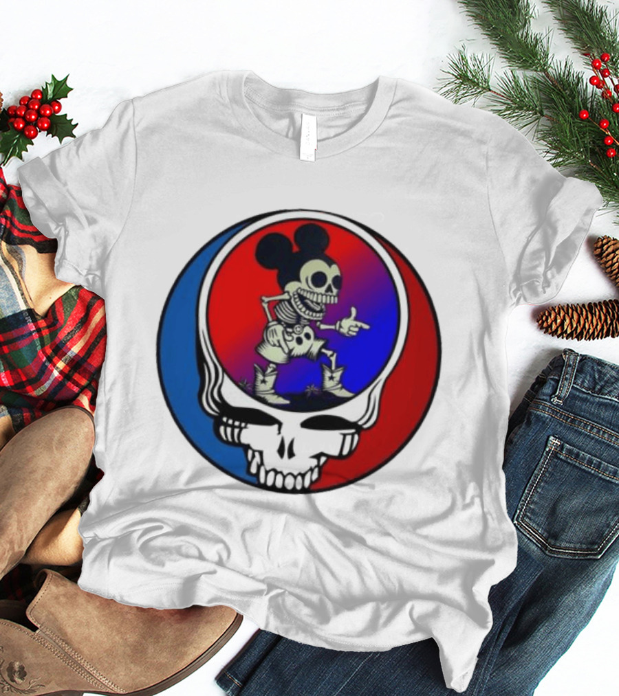 Mickey Mouse Skeleton With Grateful Dead Skull And Roses T-Shirt