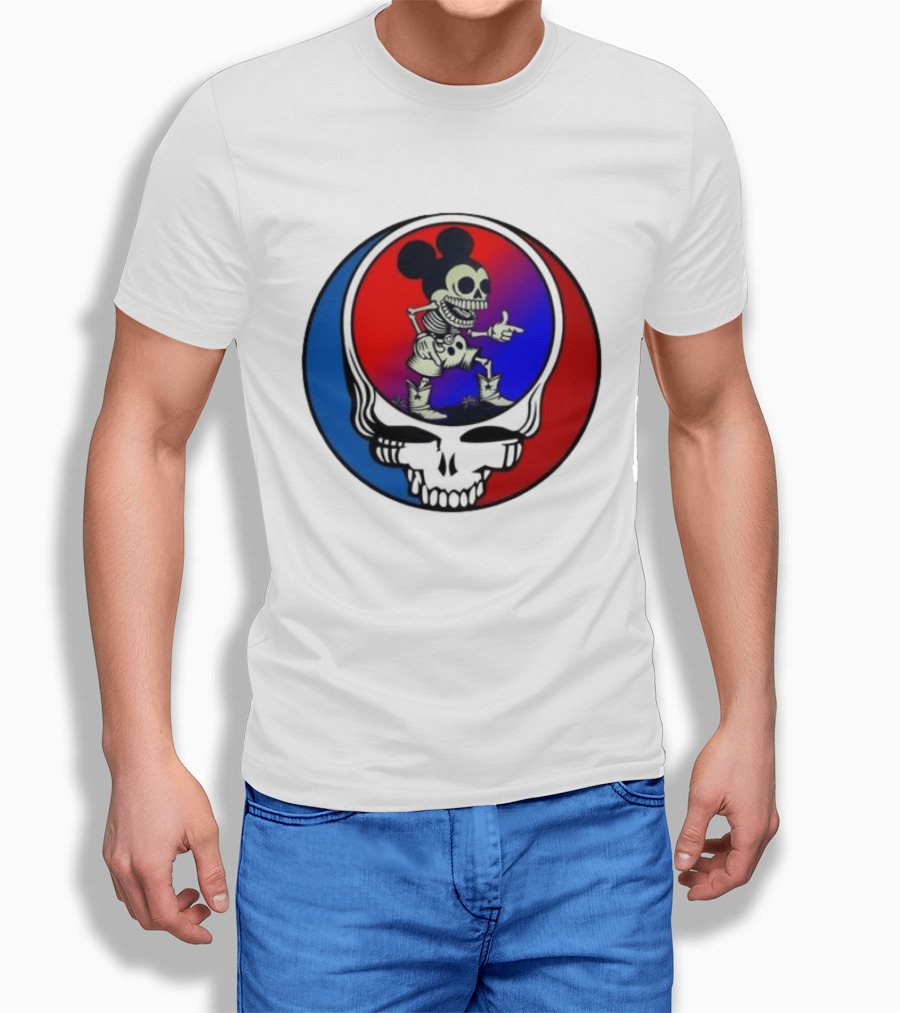 Mickey Mouse Skeleton With Grateful Dead Skull And Roses T-Shirt