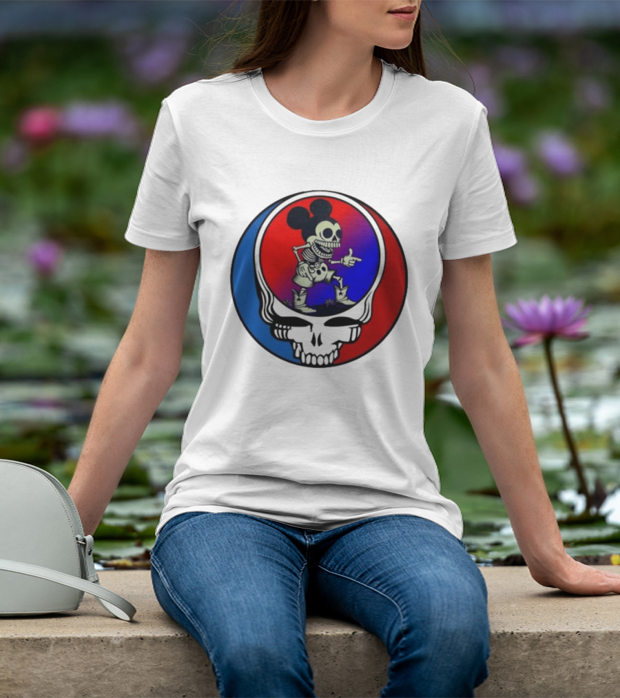 Mickey Mouse Skeleton With Grateful Dead Skull And Roses T-Shirt
