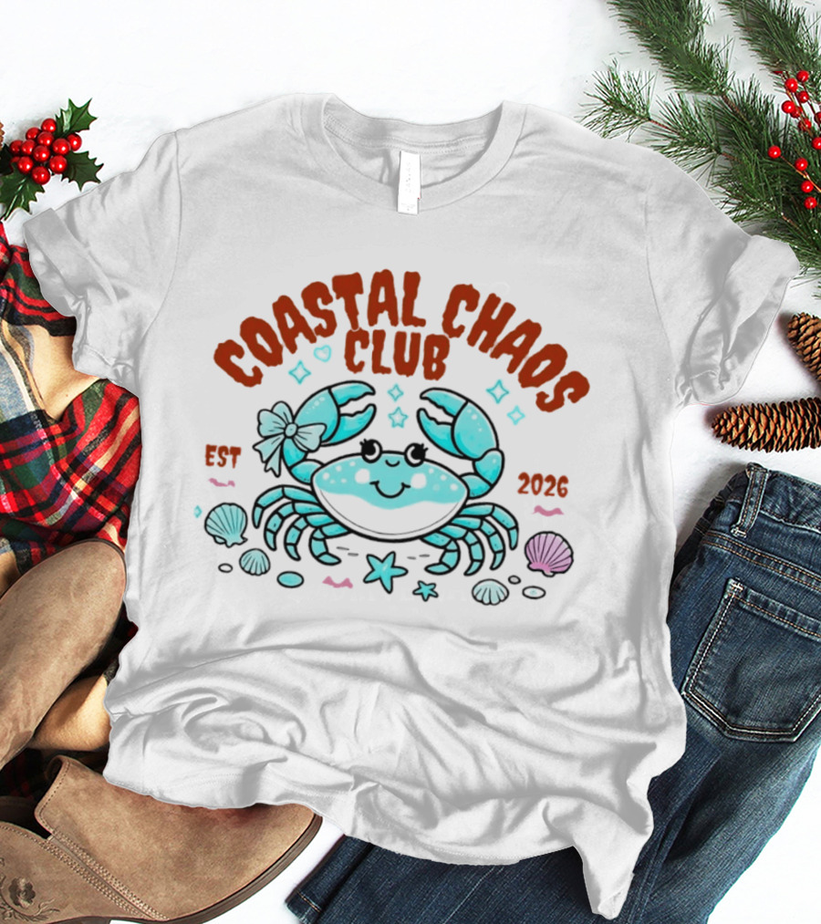 Coastal Chaos Club Est 2026 Smiling Crab Seashells Starfish Bow T-Shirt