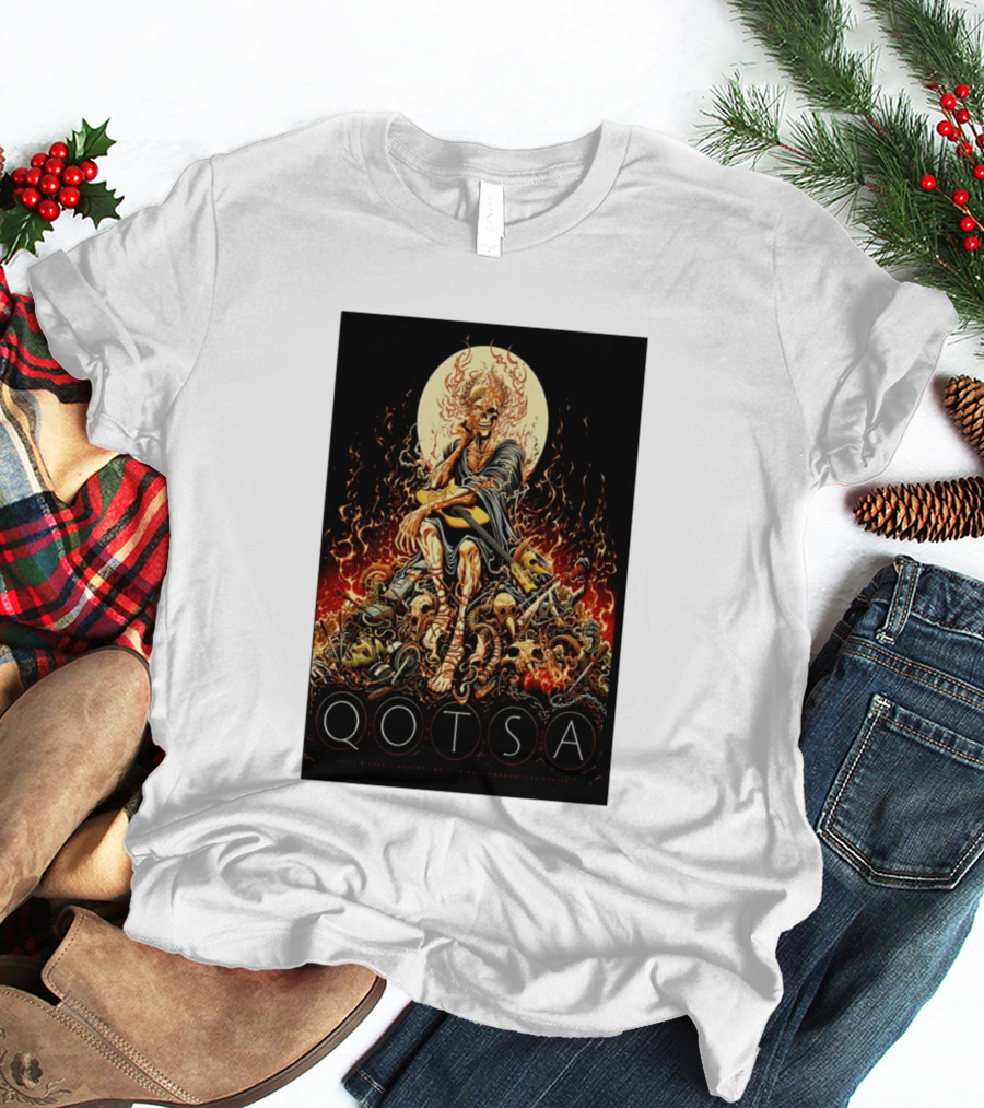 QOTSA April 8 2024 Calgary Communities Centre Flaming Skeleton Throne T-Shirt