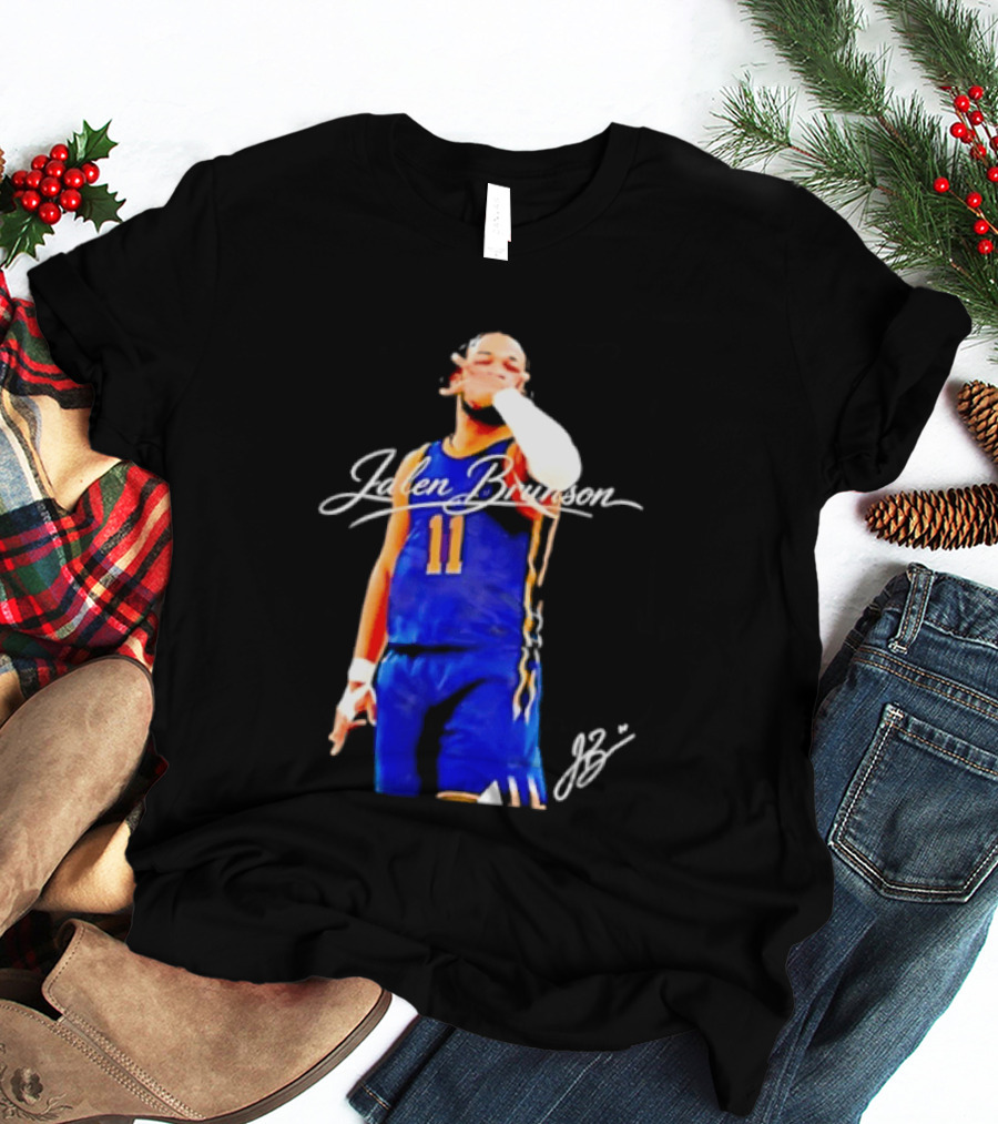 Jalen Brunson 11 Signature Gesture Basketball Blue Uniform T-Shirt