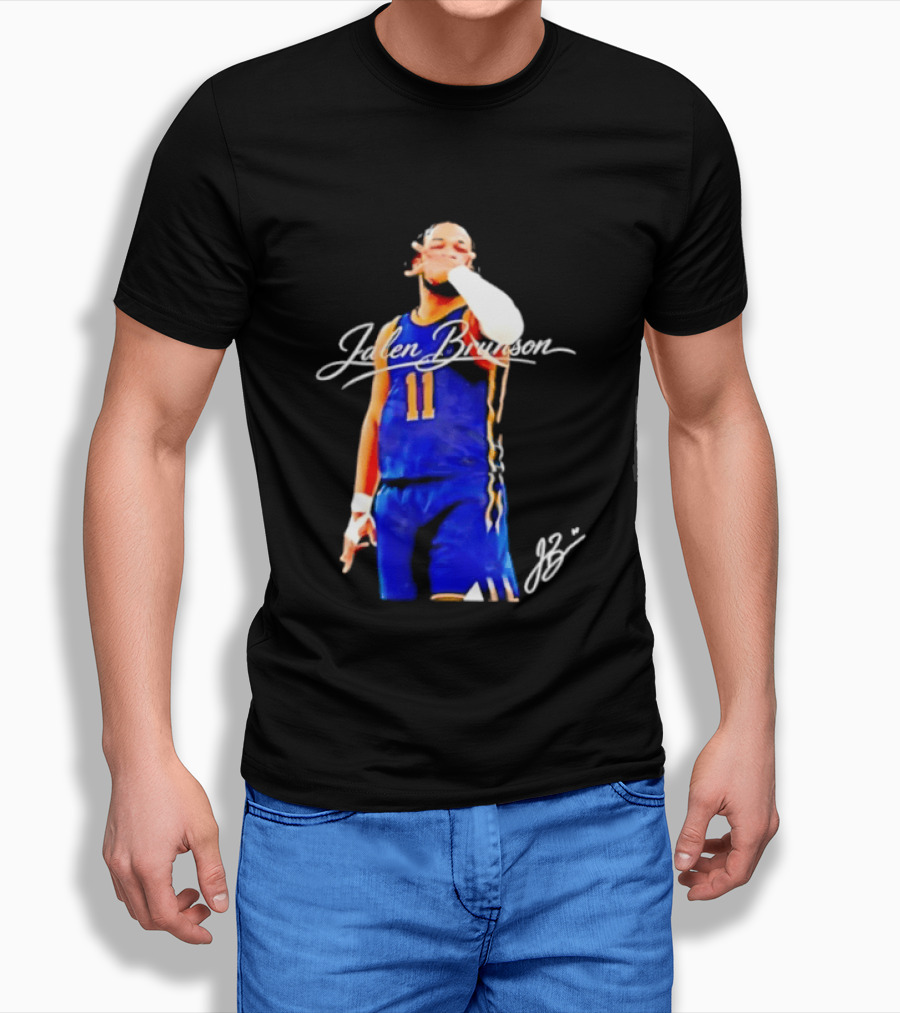 Jalen Brunson 11 Signature Gesture Basketball Blue Uniform T-Shirt