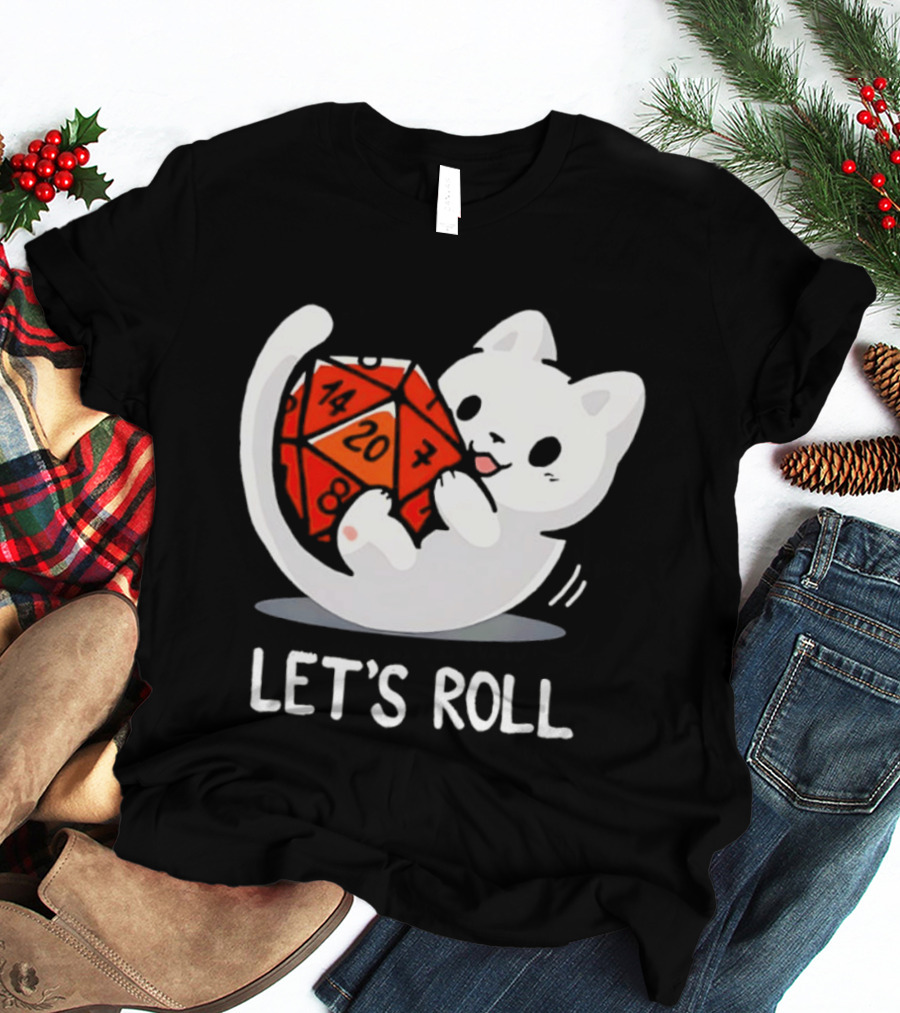 Let's Roll Cat Holding 20 Sided Die Dungeons And Dragons T-Shirt