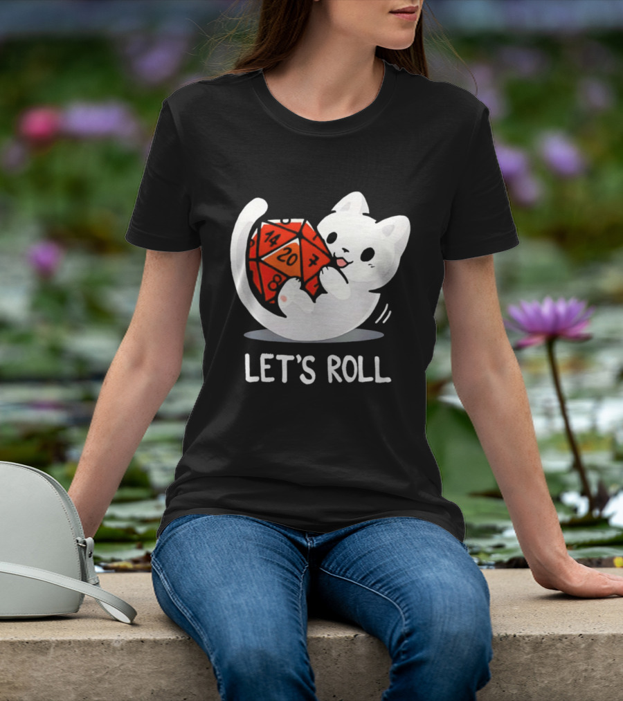 Let's Roll Cat Holding 20 Sided Die Dungeons And Dragons T-Shirt