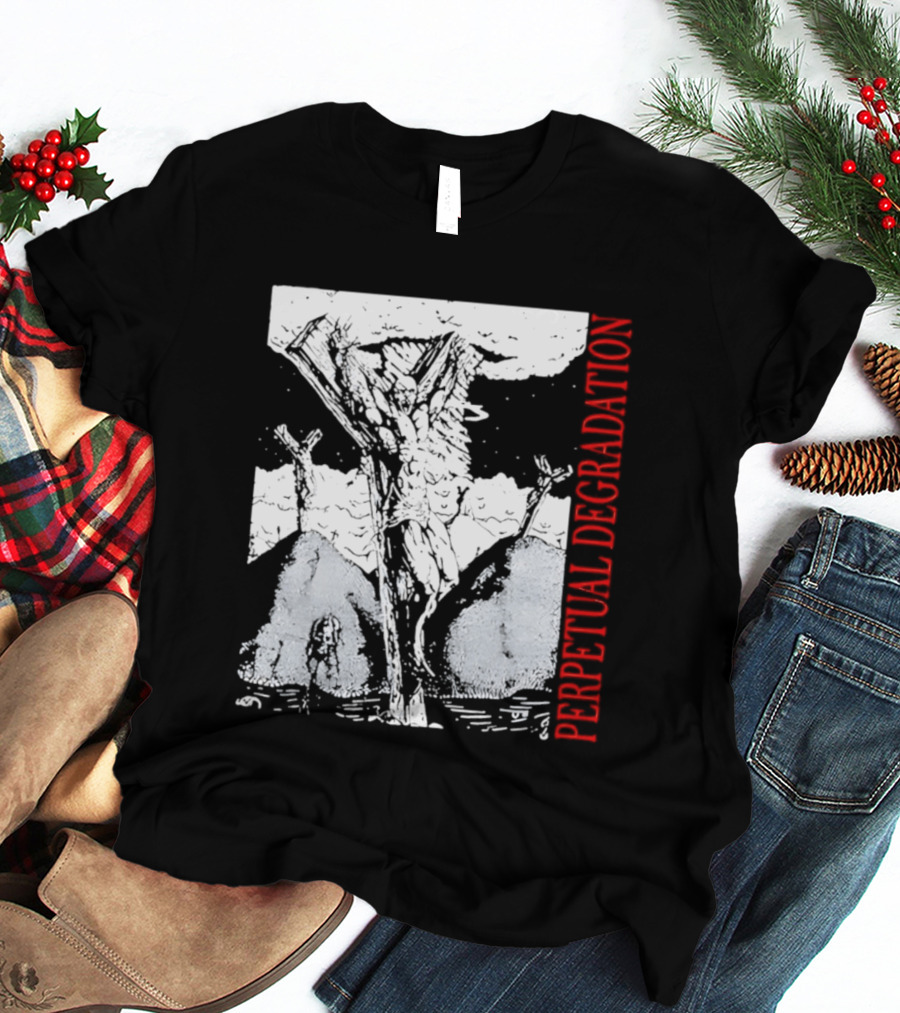 Perpetual Degradation Monster Crucifixion Skull Mountains Clouds T-Shirt