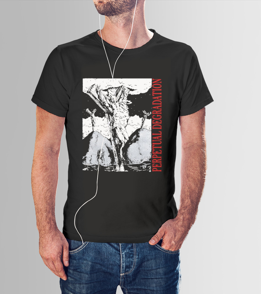 Perpetual Degradation Monster Crucifixion Skull Mountains Clouds T-Shirt