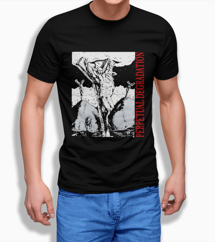 Perpetual Degradation Monster Crucifixion Skull Mountains Clouds T-Shirt