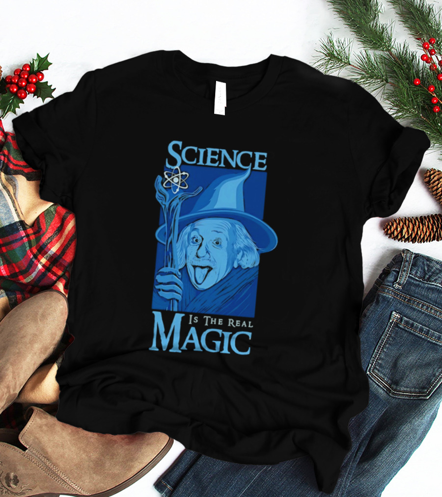 Science Is The Real Magic Einstein Wizard Motif T-Shirt