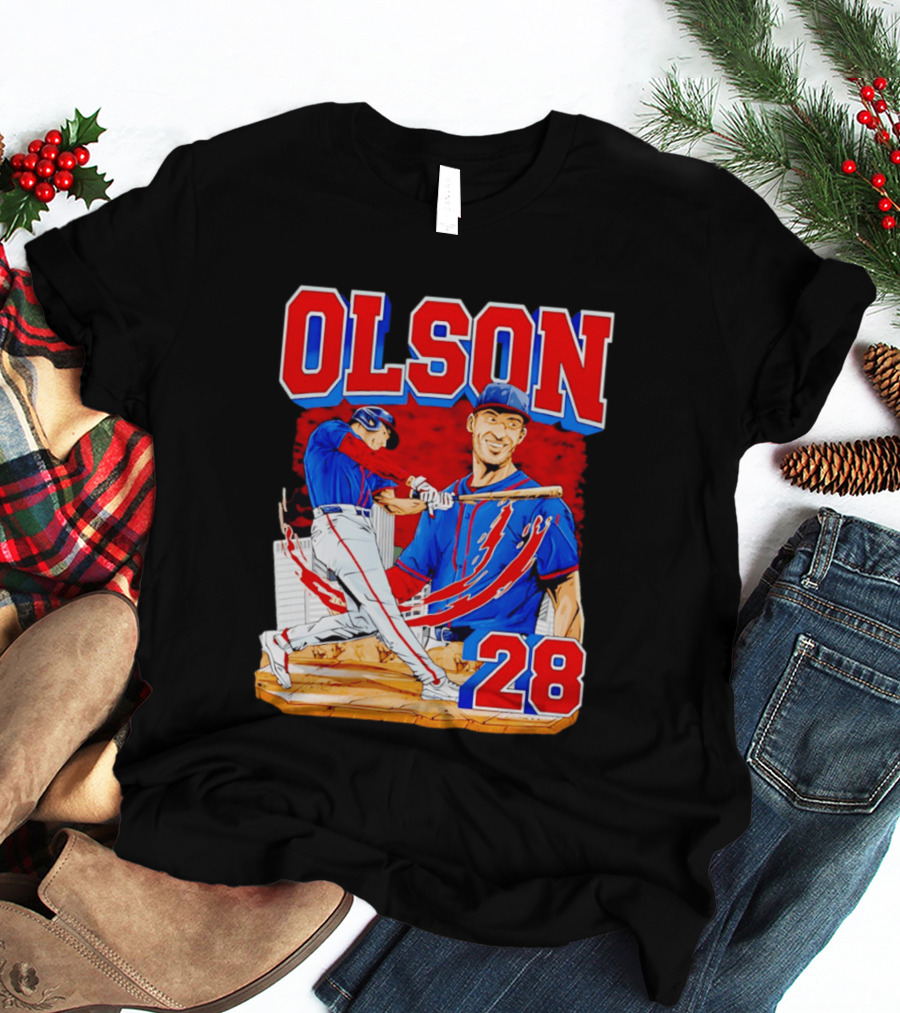 Olson 28 Baseball Player Blue And Red Hand Drawn T-Shirt