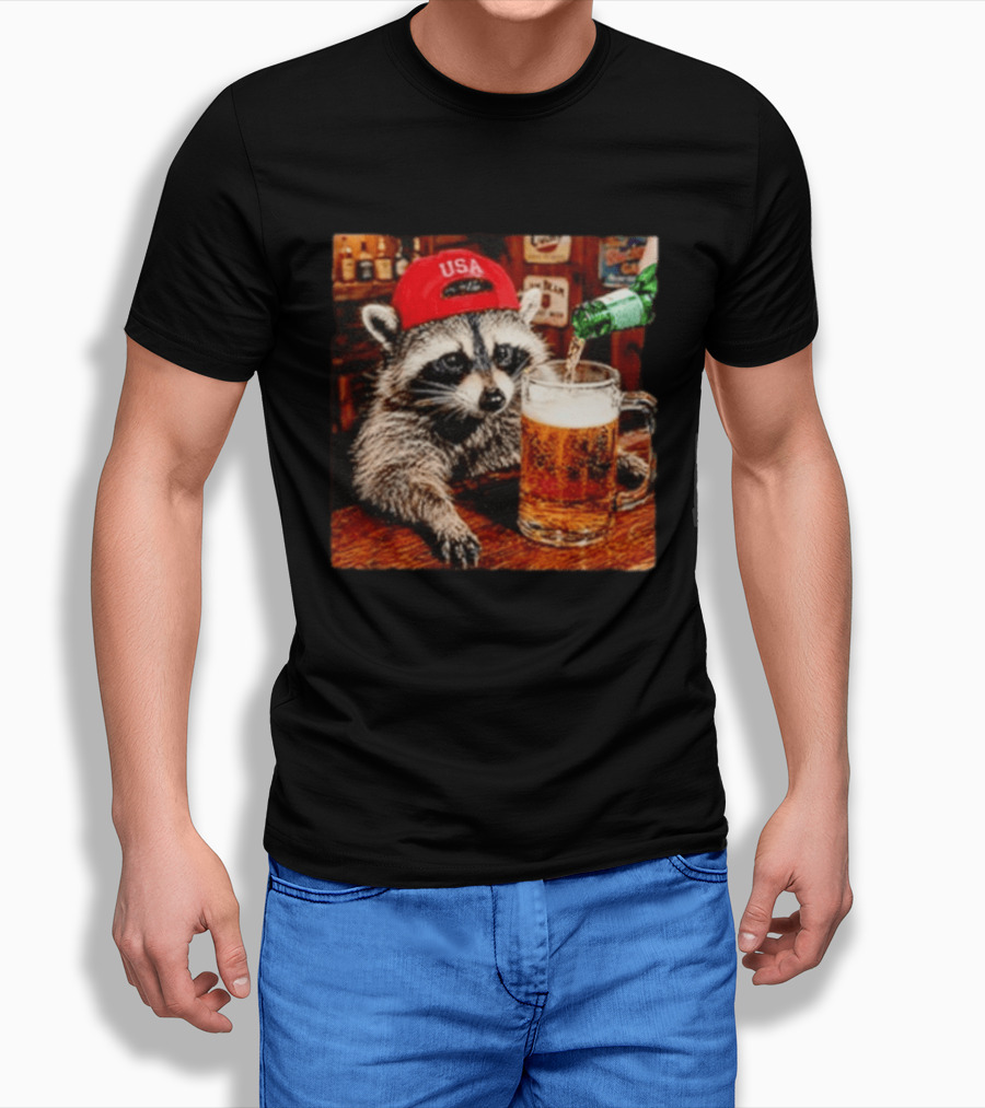 Patriotic Raccoon USA Hat Drinking Beer In Bar Scene T-Shirt