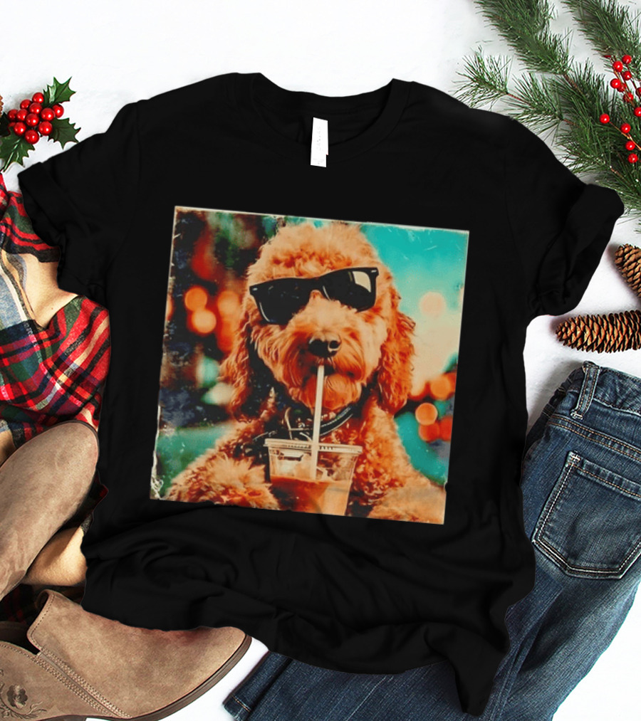 Goldendoodle With Sunglasses Enjoying Iced Coffee Retro Cool Vibes T-Shirt