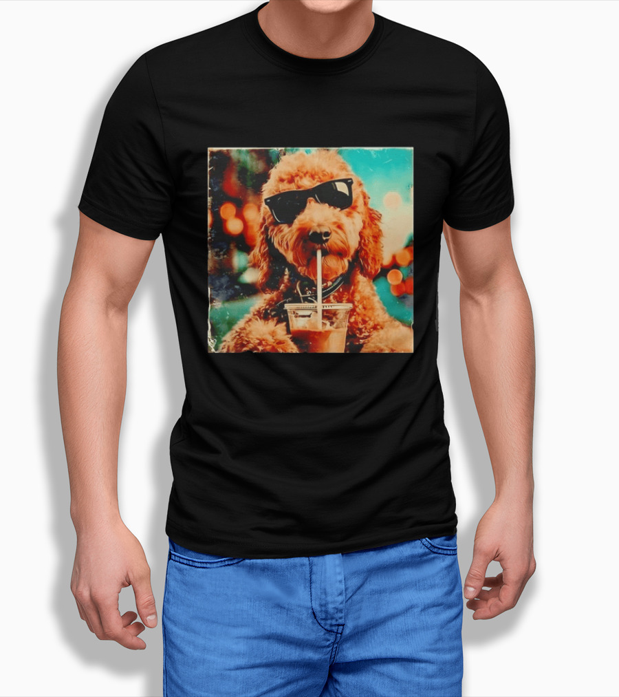 Goldendoodle With Sunglasses Enjoying Iced Coffee Retro Cool Vibes T-Shirt