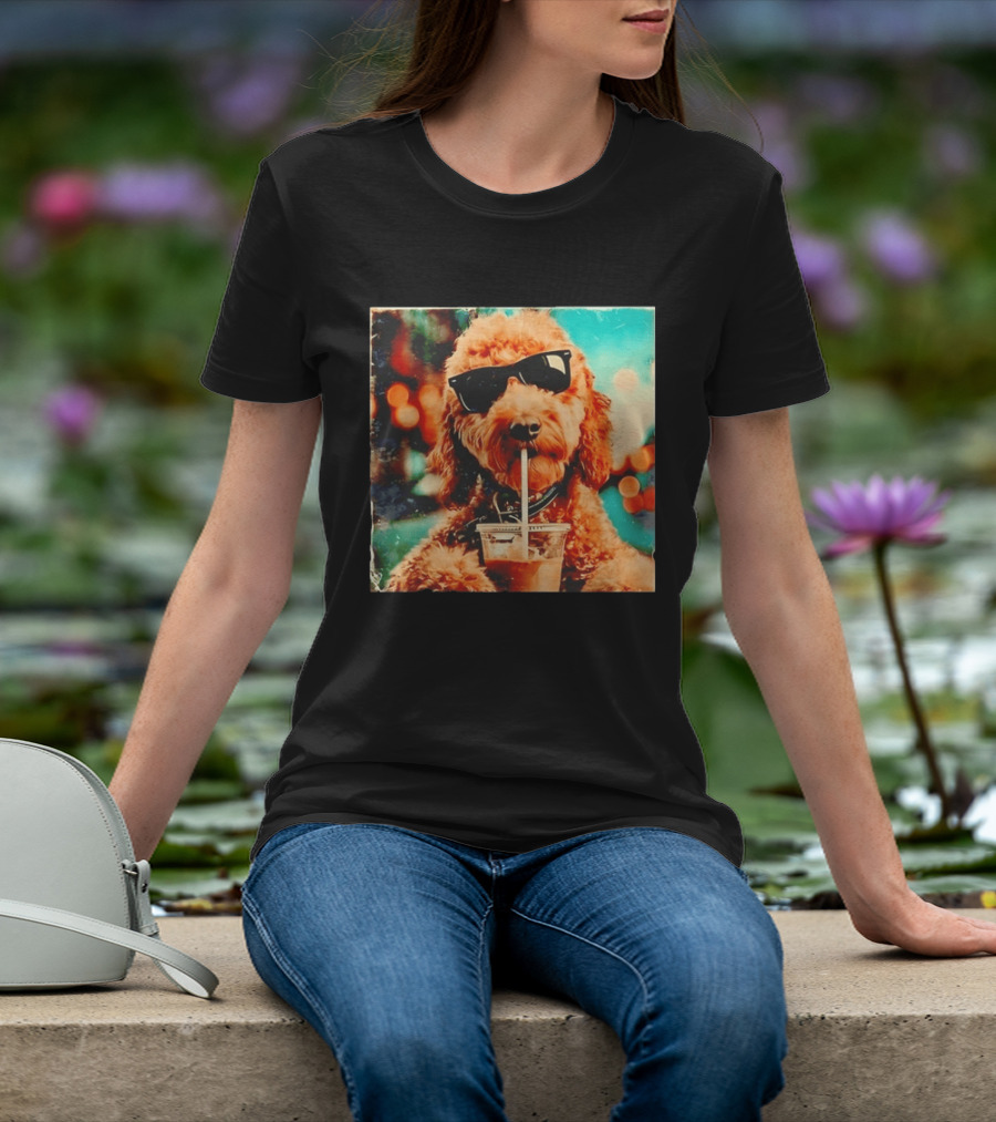 Goldendoodle With Sunglasses Enjoying Iced Coffee Retro Cool Vibes T-Shirt