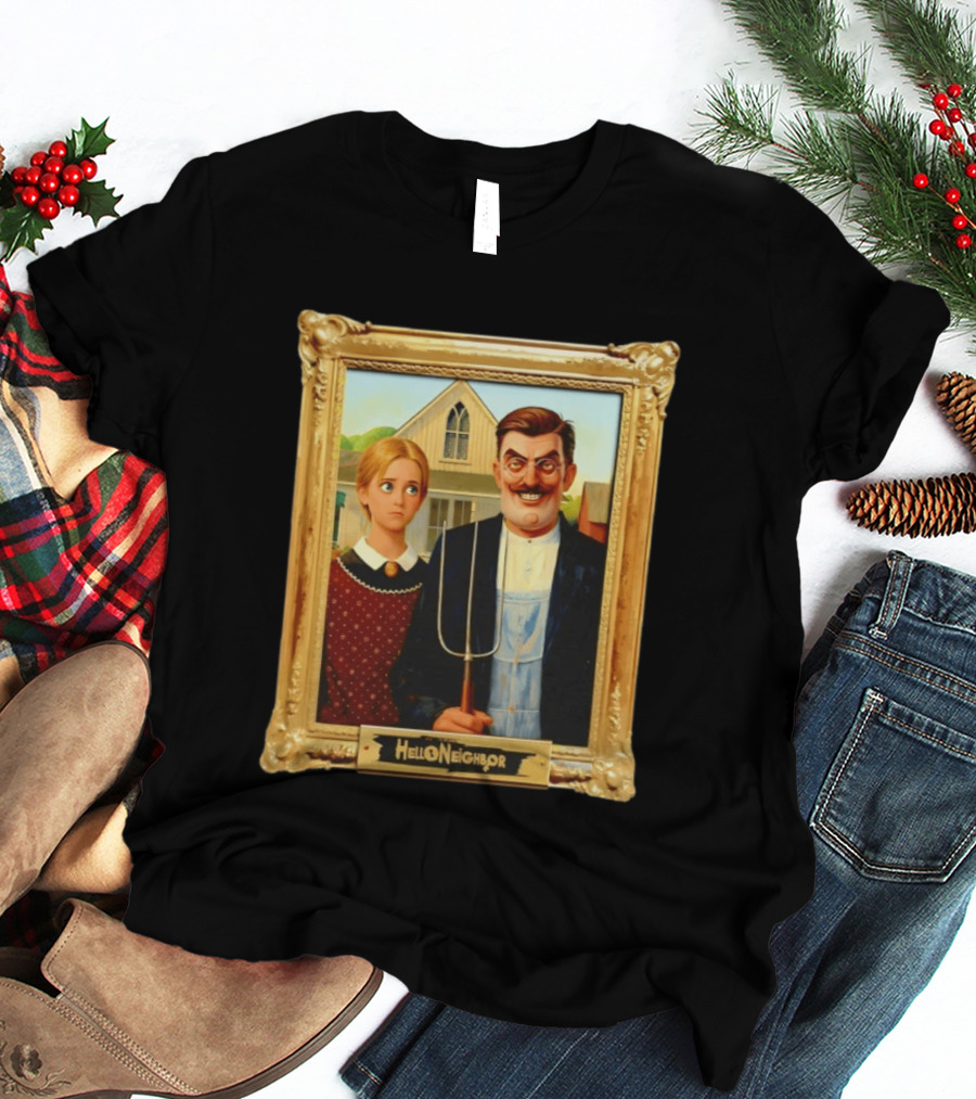 Hello Neighbor American Gothic Man Pitchfork Girl Painting Frame T-Shirt