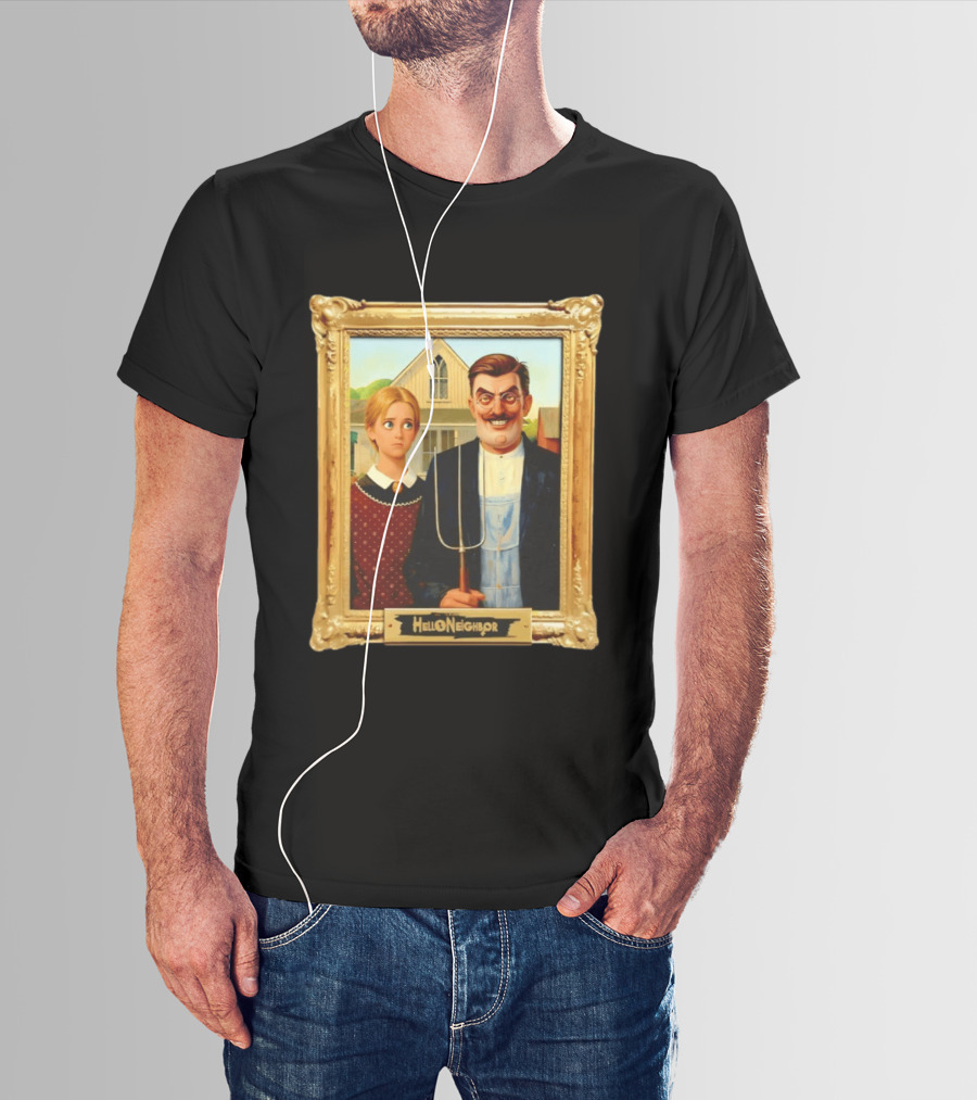Hello Neighbor American Gothic Man Pitchfork Girl Painting Frame T-Shirt