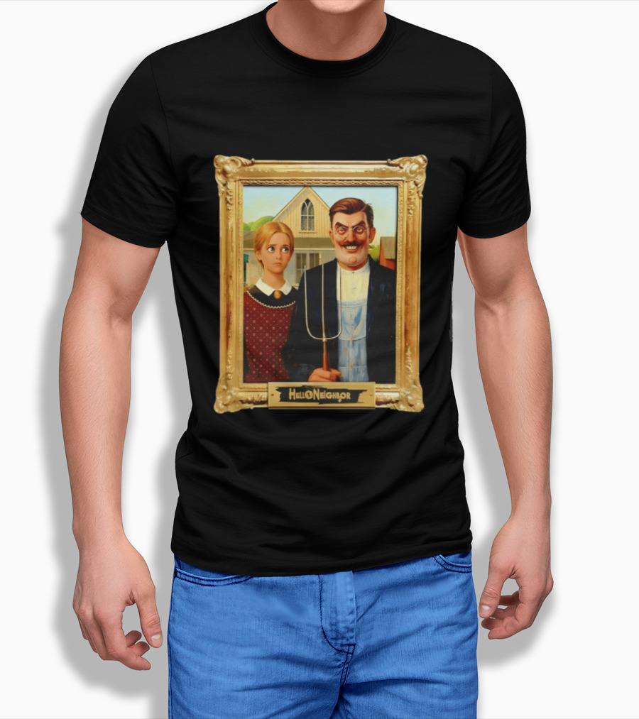 Hello Neighbor American Gothic Man Pitchfork Girl Painting Frame T-Shirt