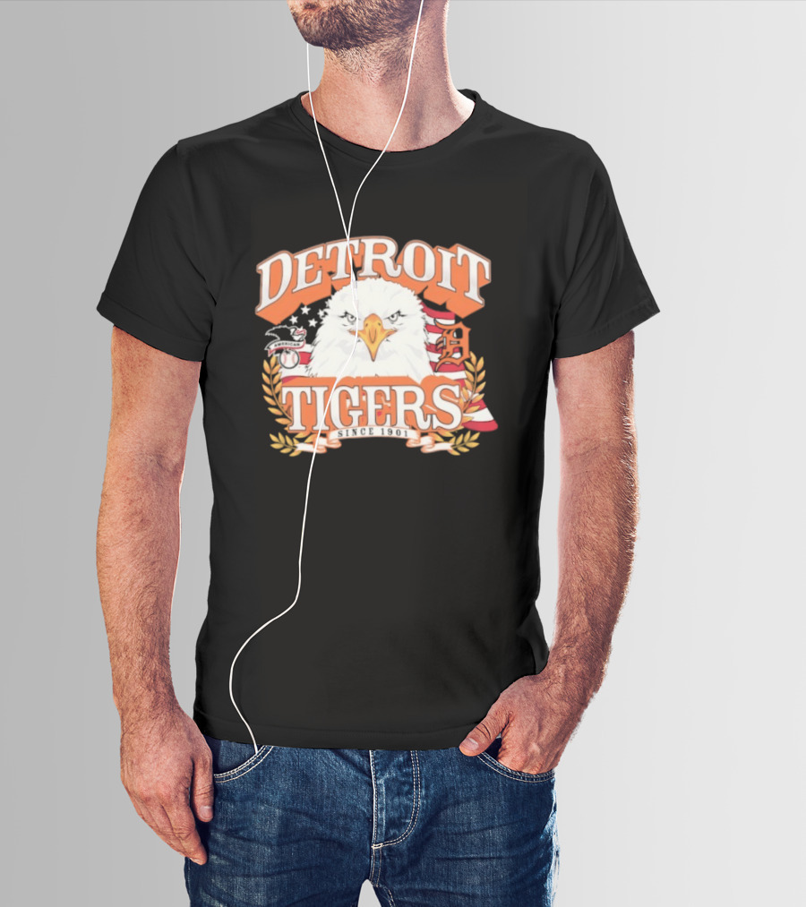 Detroit Tigers Eagle Emblem With American Flag And Stars T-Shirt