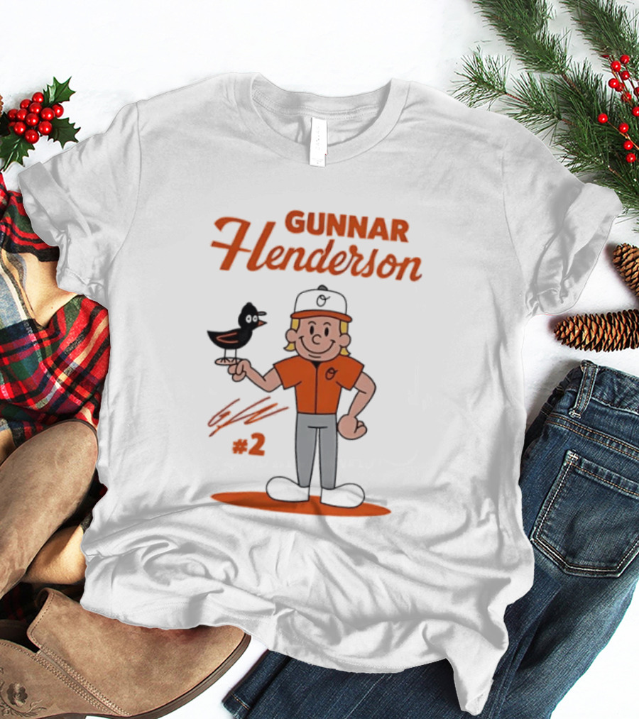 Gunnar Henderson Baltimore Orioles MLB Player Cartoon Character With Bird And Number 2 T-Shirt