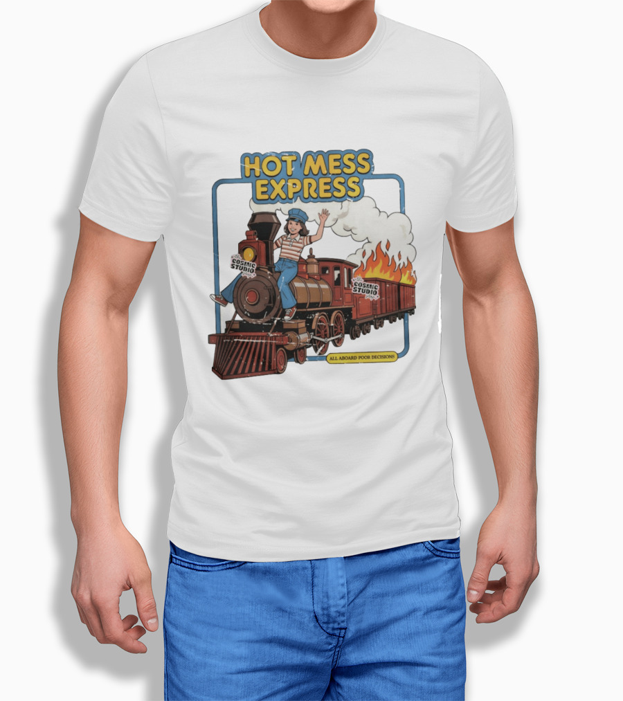 Hot Mess Express All Aboard Poor Decisions Cosmic Studio Vintage Train Cartoon T-Shirt