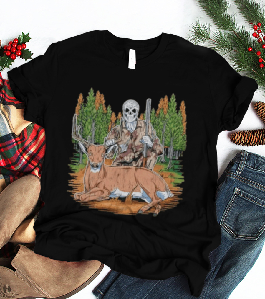 Skeleton Deer Hunting Skull Mask Camouflage Forest Scene T-Shirt