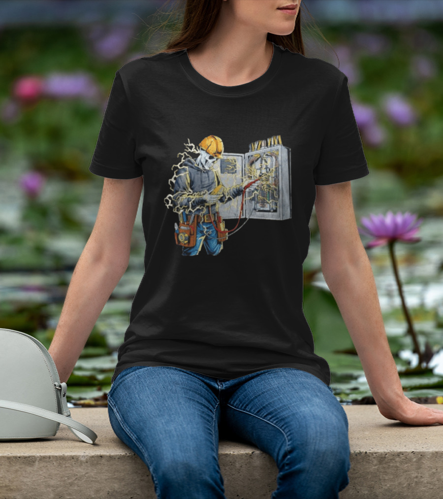 Skeleton Electrician Hard Hat Voltage Sparks T-Shirt