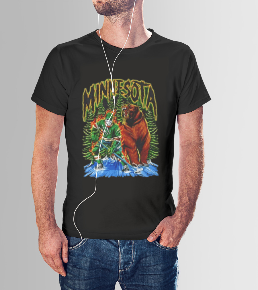 Minnesota Wild Hockey Skeleton Bear Forest Fire T-Shirt