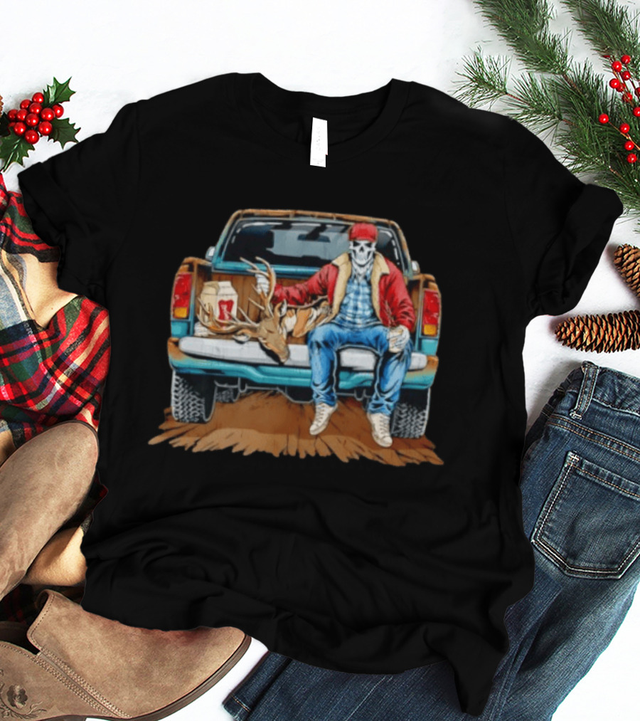 Skeleton Cowboy With Deer Antlers Truck Scene T-Shirt