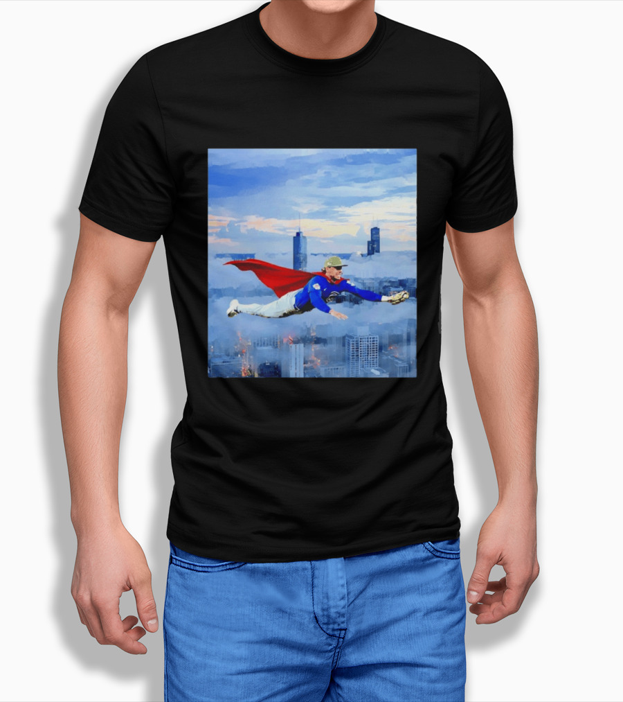 Superman Nico Hoerner Chicago Cubs Second Baseman Flying Over City Skyline T-Shirt