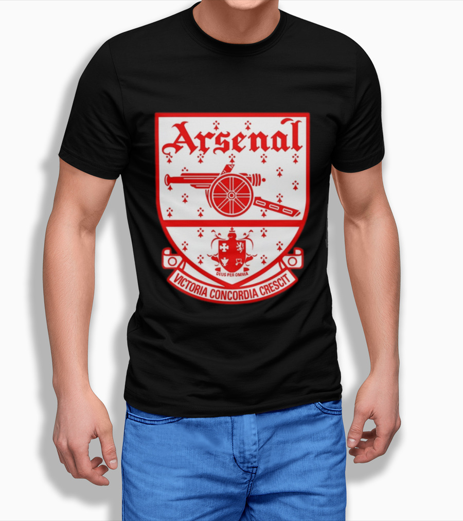 Arsenal FC Crest Deus Per Omnia Victoria Concordia Crescit T-Shirt