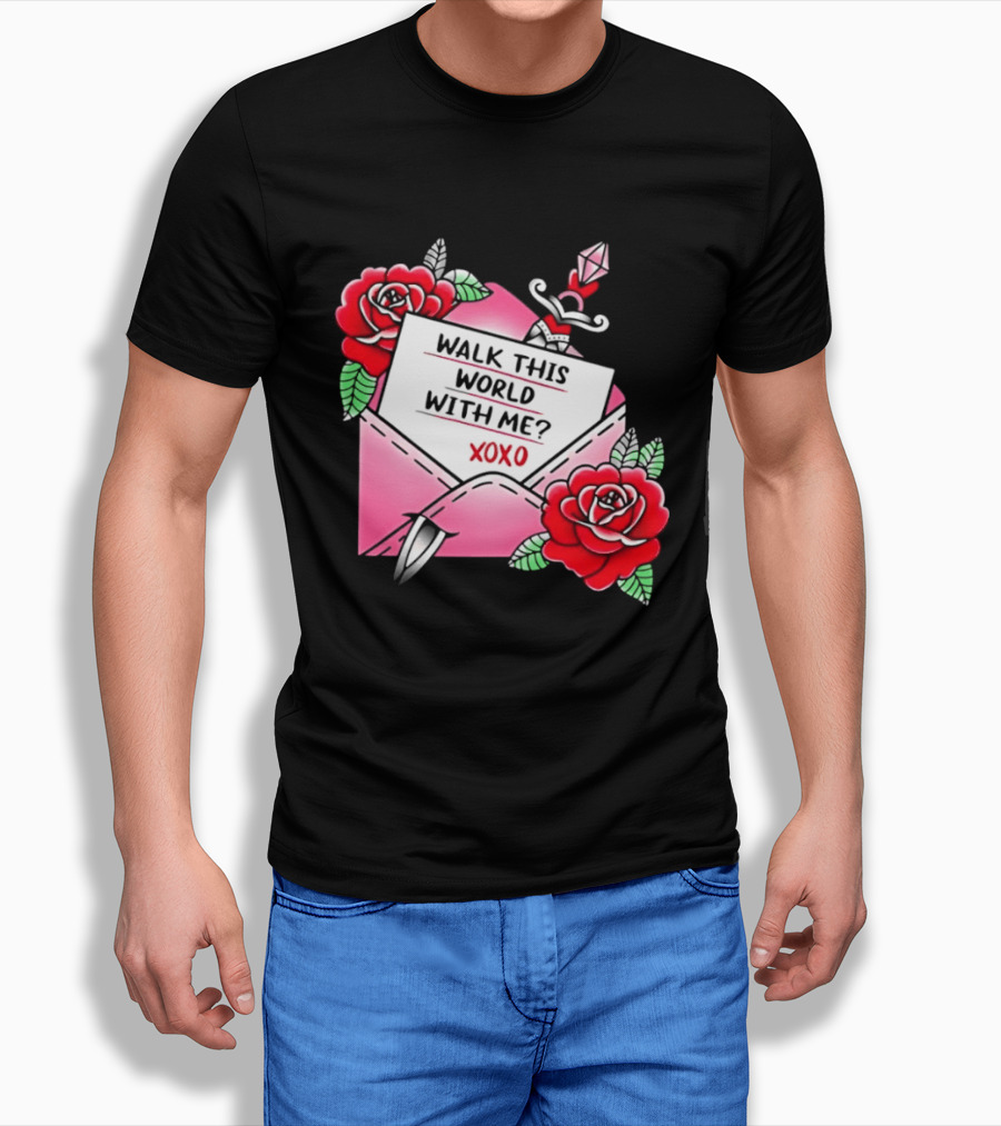 Walk This World With Me XOXO Romantic Tattoo Roses And Letter Envelope T-Shirt