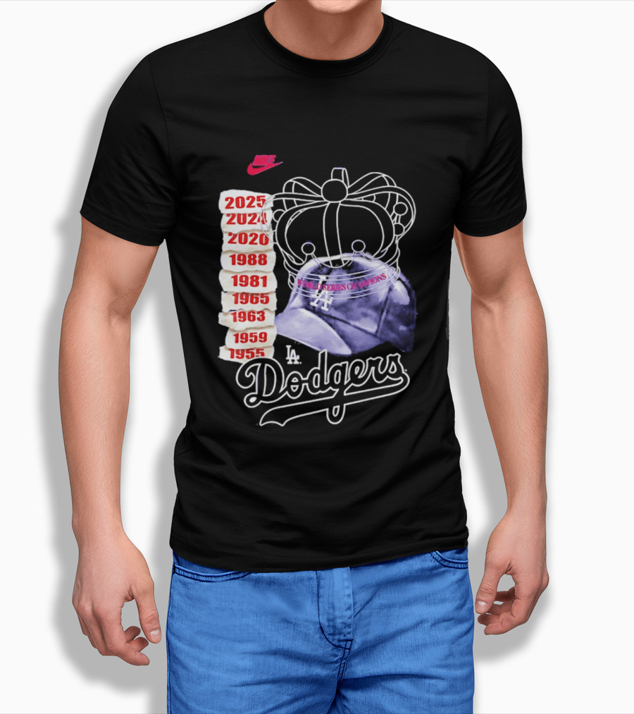 Los Angeles Dodgers 9x World Series Champions Crown And Cap 1955 2025 T-Shirt
