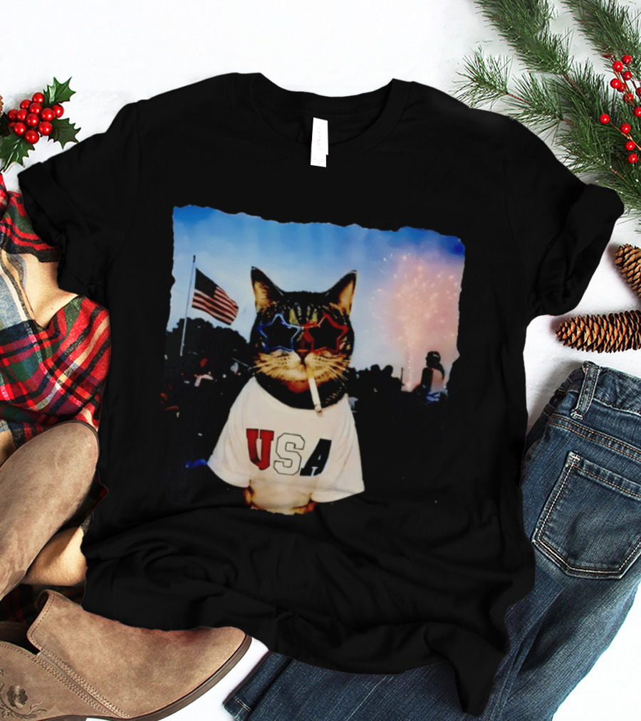 USA Cat With American Flag Sunglasses Smoking Fireworks T-Shirt