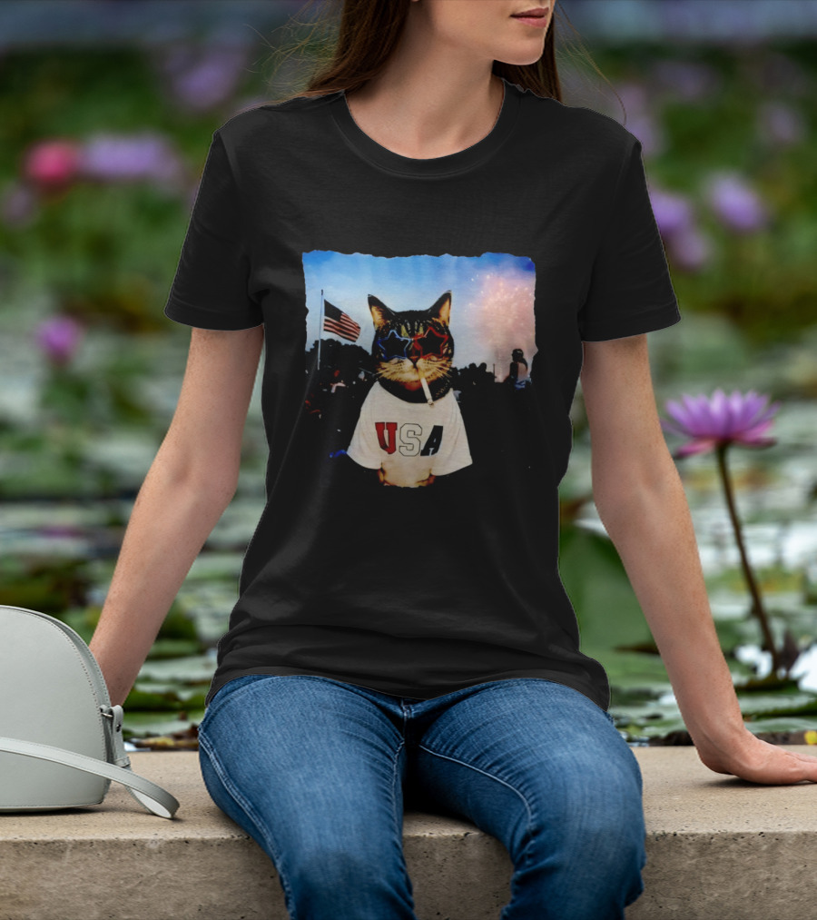 USA Cat With American Flag Sunglasses Smoking Fireworks T-Shirt