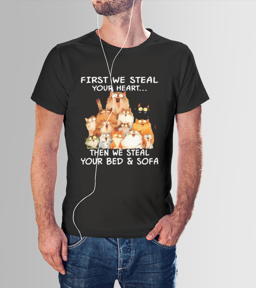 First We Steal Your Heart Then We Steal Your Bed And Sofa Cats Stack T-Shirt