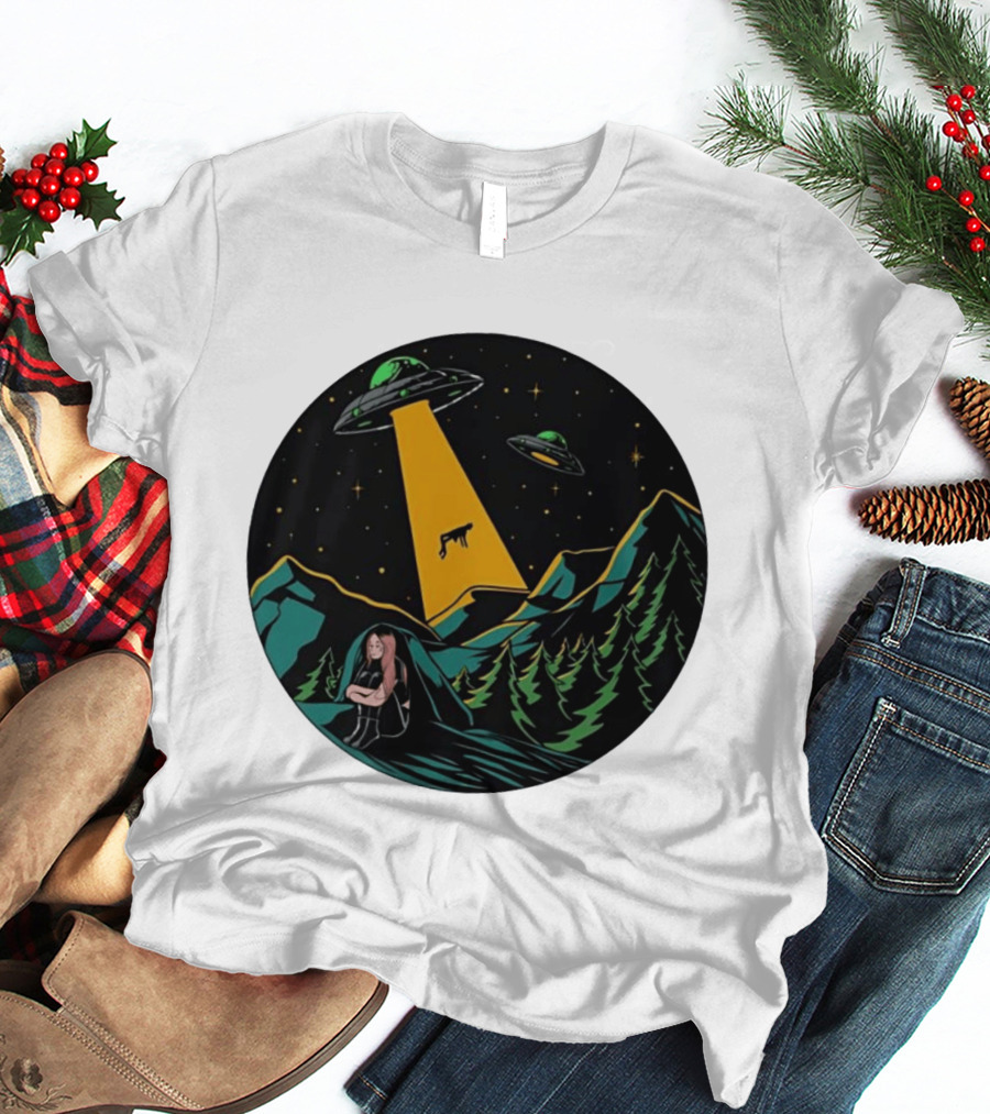 UFOs Aliens Abduction Night Sky Mountains Forest Trees Stars Beam T-Shirt