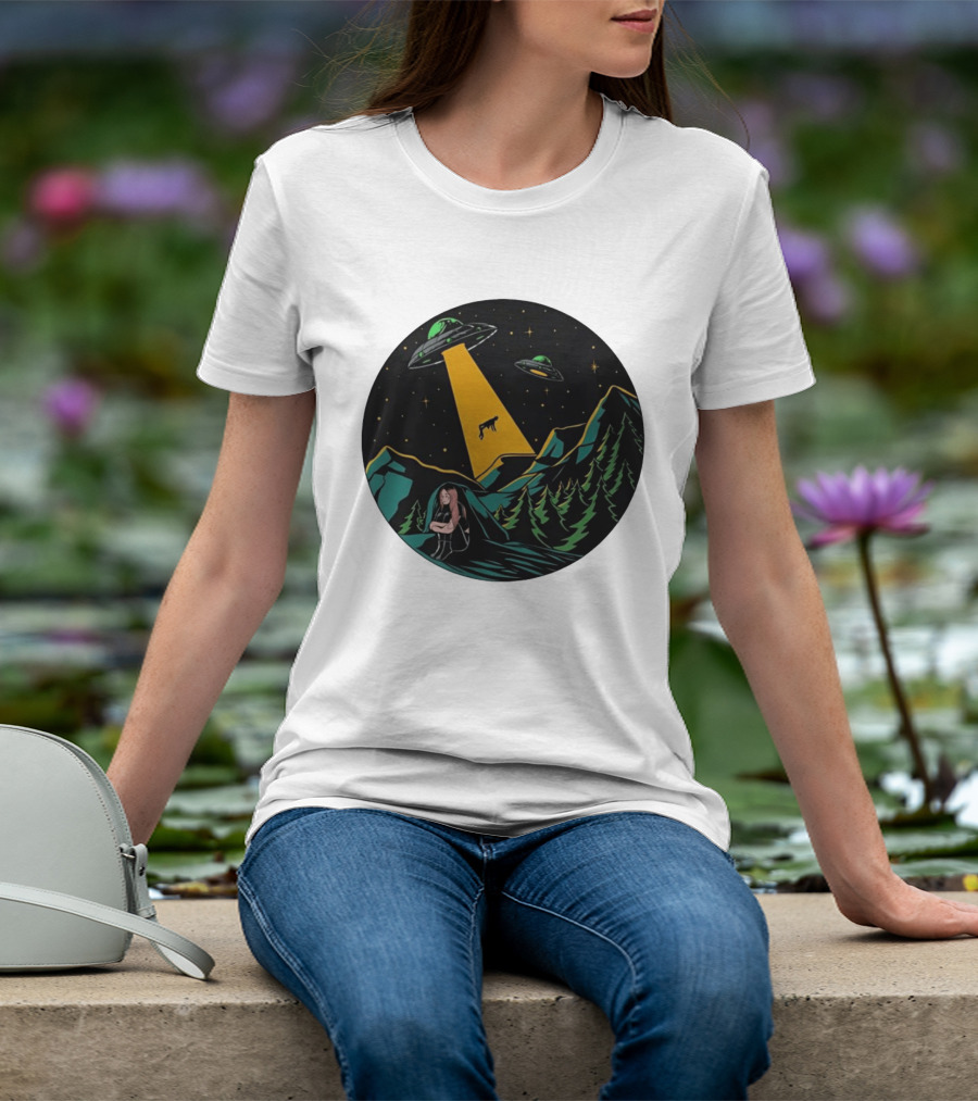 UFOs Aliens Abduction Night Sky Mountains Forest Trees Stars Beam T-Shirt