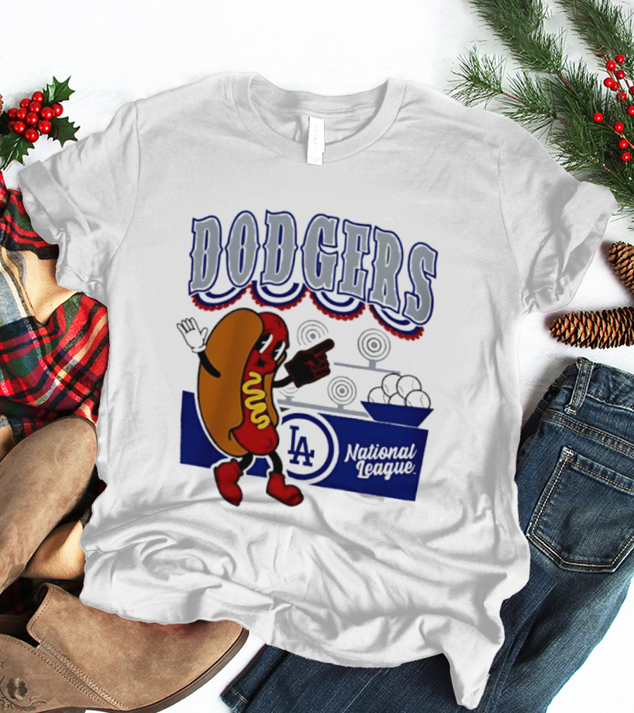 Cartoon Hot Dog Dodgers LA National League Baseball T-Shirt