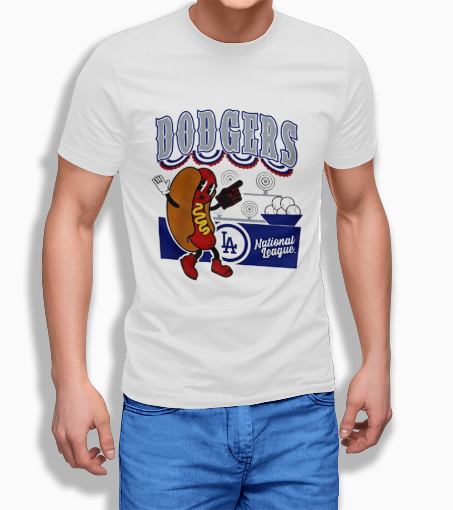 Cartoon Hot Dog Dodgers LA National League Baseball T-Shirt