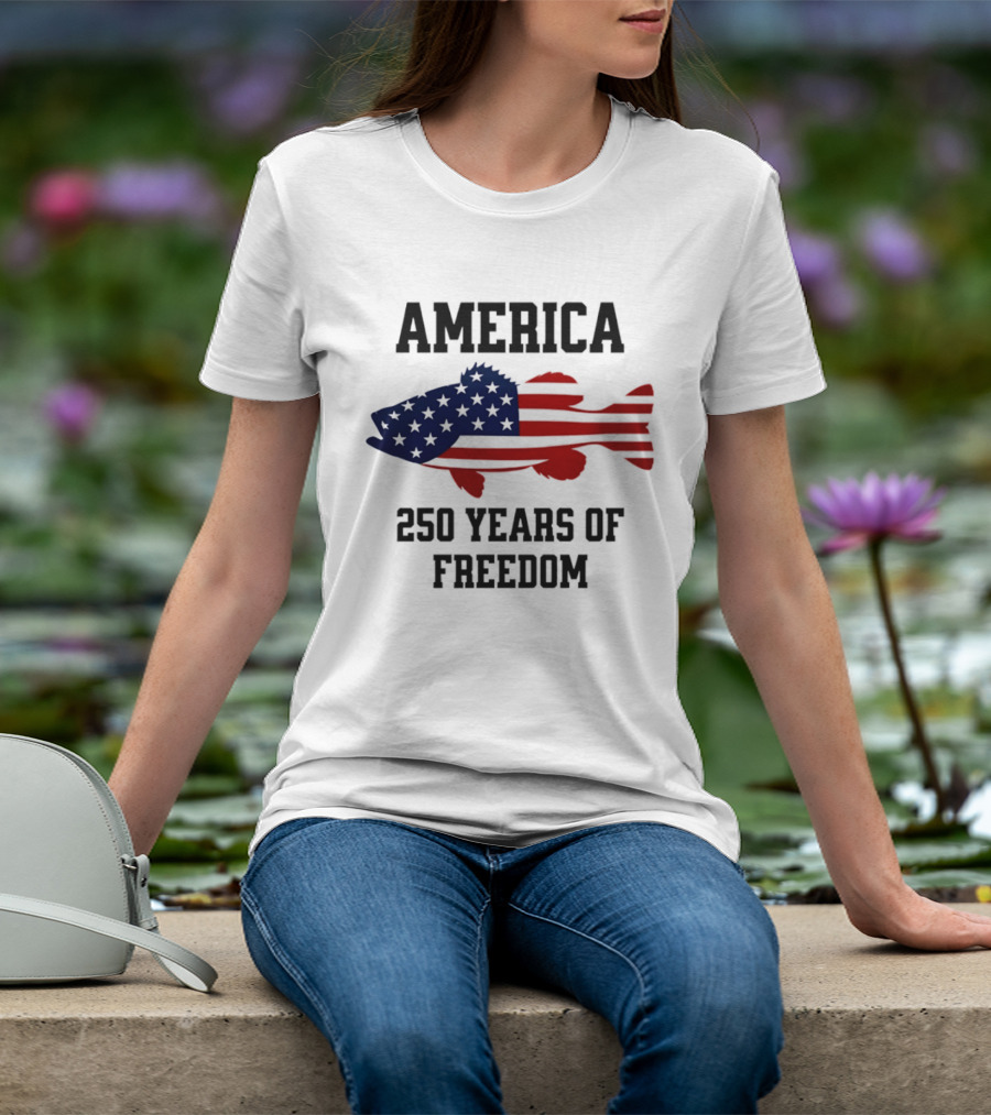 America Flag Bass Fishing 250 Years Of Freedom Celebration T-Shirt